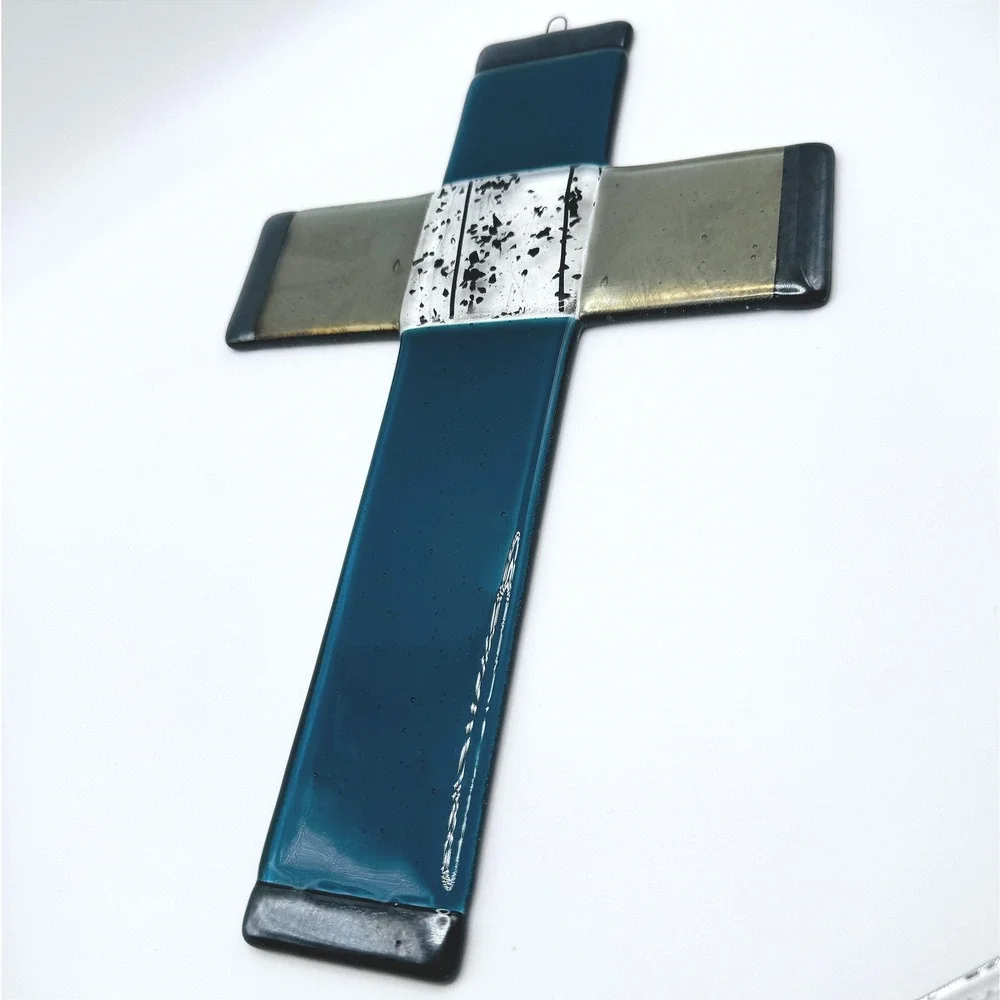 Handmade Fused Glass Wall Cross Faith Blue Art Glass Religious Decor